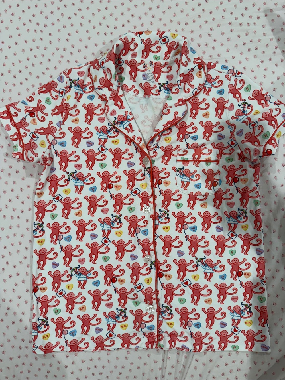 Roller Rabbit pink & red Be My Monkey Valentine Print Short Sleeve Polo Pajama